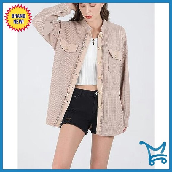 Loose Fit Batwing Sleeve Waffle Knit Button Down Shacket Top - Picture 4 of 7